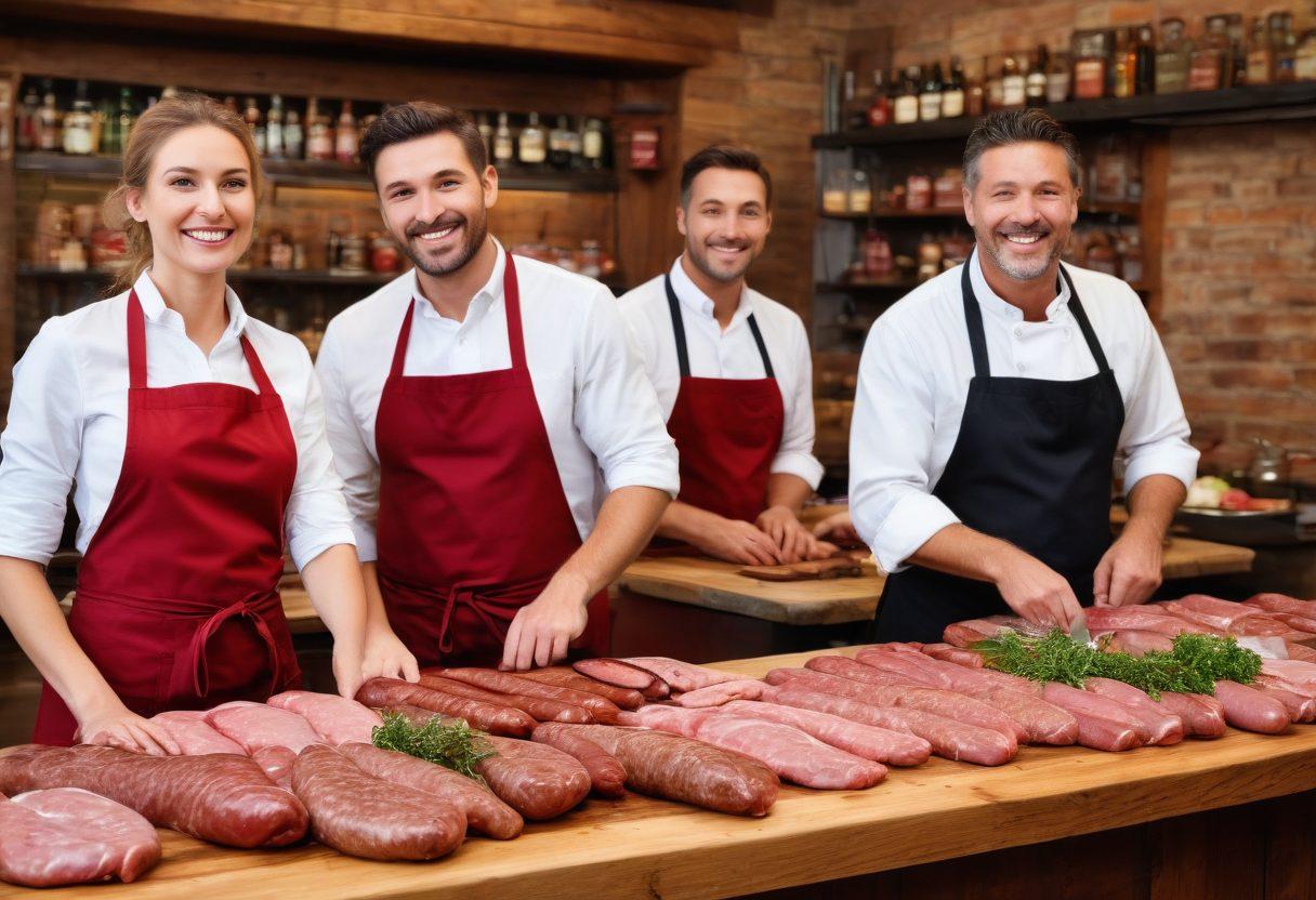 A bustling butcher shop scene featuring charismatic meat specialists in aprons, showcasing an array of gourmet meats and artisanal sausages. Include vibrant displays of garnished cuts, fresh herbs, and unique spices, alongside happy customers interacting with the specialists. The atmosphere should be warm and inviting, with wooden counters and rustic decor to enhance the gourmet vibe. Capture lively expressions and a delicious ambiance. super-realistic. vibrant colors. rustic style.