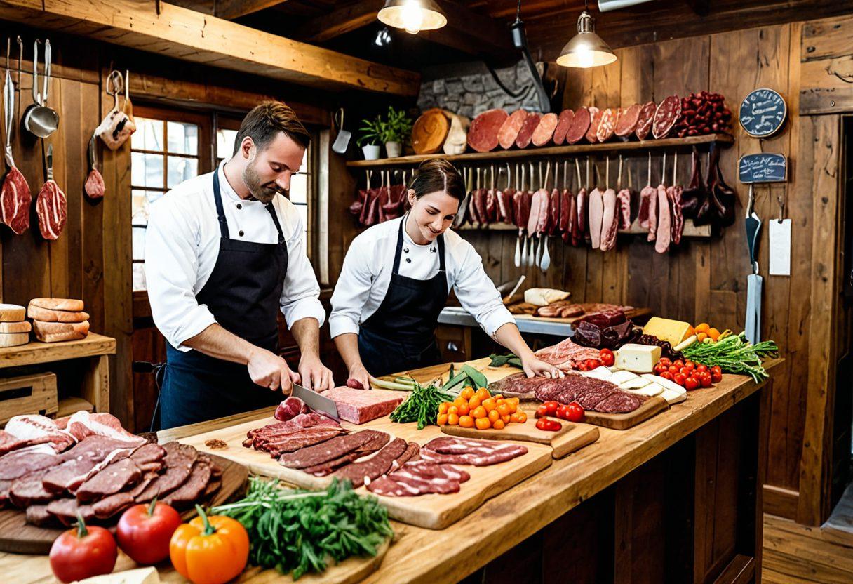 A rustic butcher shop filled with hanging artisan meats and colorful charcuterie boards. Include a warm, inviting atmosphere with wooden counters, vintage meat cleavers, and fresh herbs scattered around. Depict a friendly butcher in apron, expertly slicing meat for a customer. Vibrant vegetables and cheeses should complement the scene, showcasing the farm-to-table concept. warm colors. rustic style. high detail.